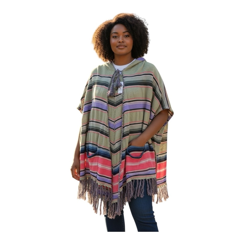 Moth ( Anthropology) Western Boho Green and Pink Knit Poncho